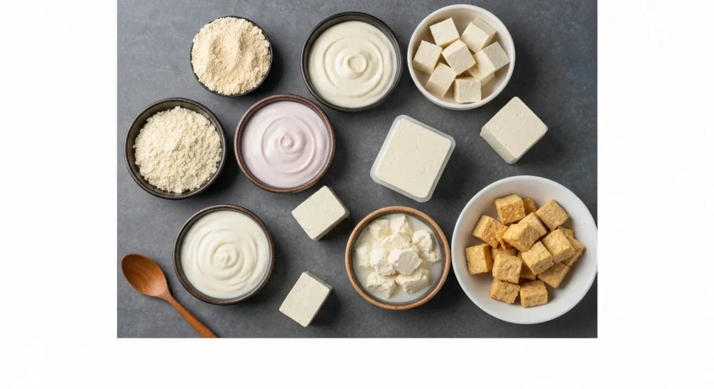 Diverse texturi de tofu: moale, ferm, extra-ferm, aranjate pe o suprafață.