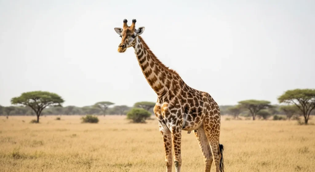 O girafă înaltă, privită din lateral, pe un fundal de savană africană cu arbori răzleți.