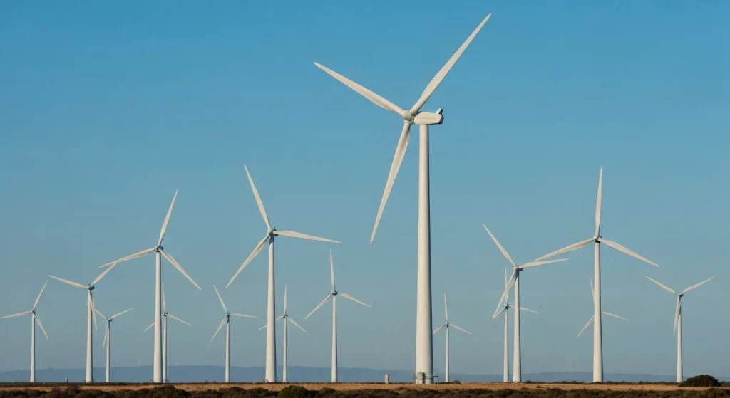 Turbine eoliene moderne și mai înalte într-un peisaj californian, cu cer senin.