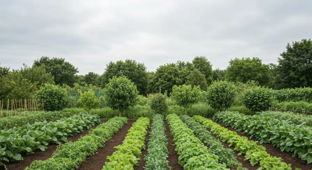 O pădure alimentară stratificată, cu o varietate de plante comestibile, arbuști și copaci.