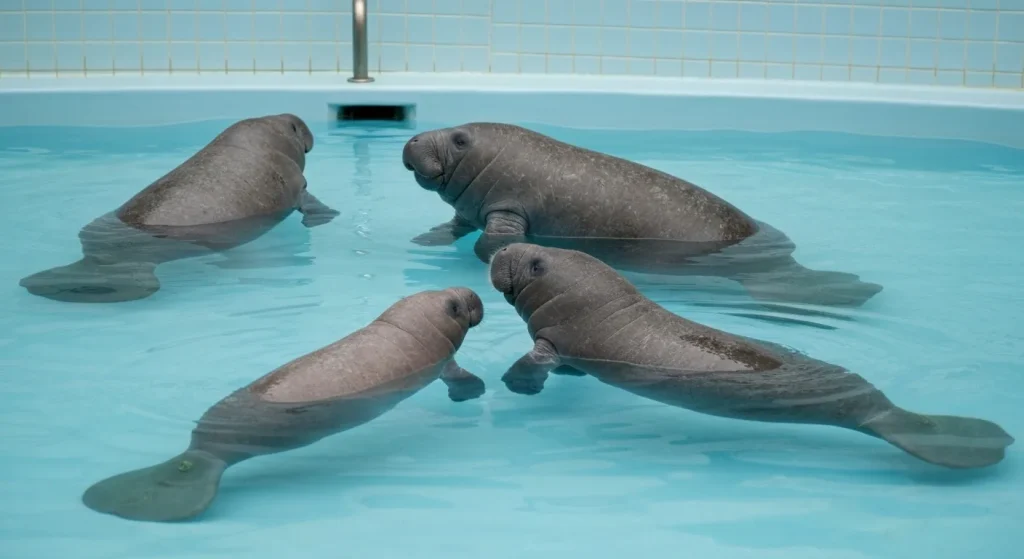 Trei lamantini adulți și un pui se joacă într-un bazin spațios de la Grădina Zoologică din Cincinnati.