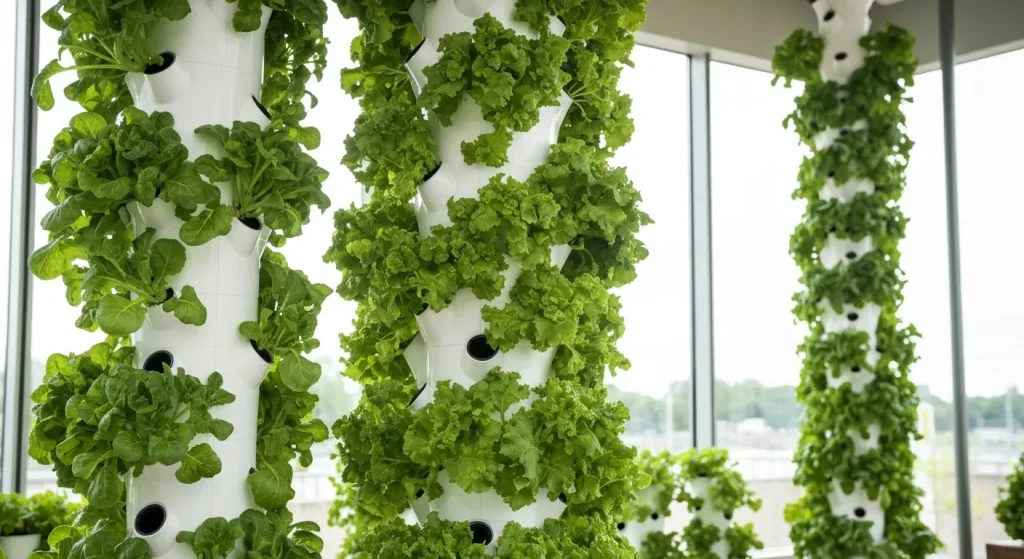 Un sistem de grădinărit vertical aeroponic, Tower Gardens, cu plante verzi care cresc în coloane.