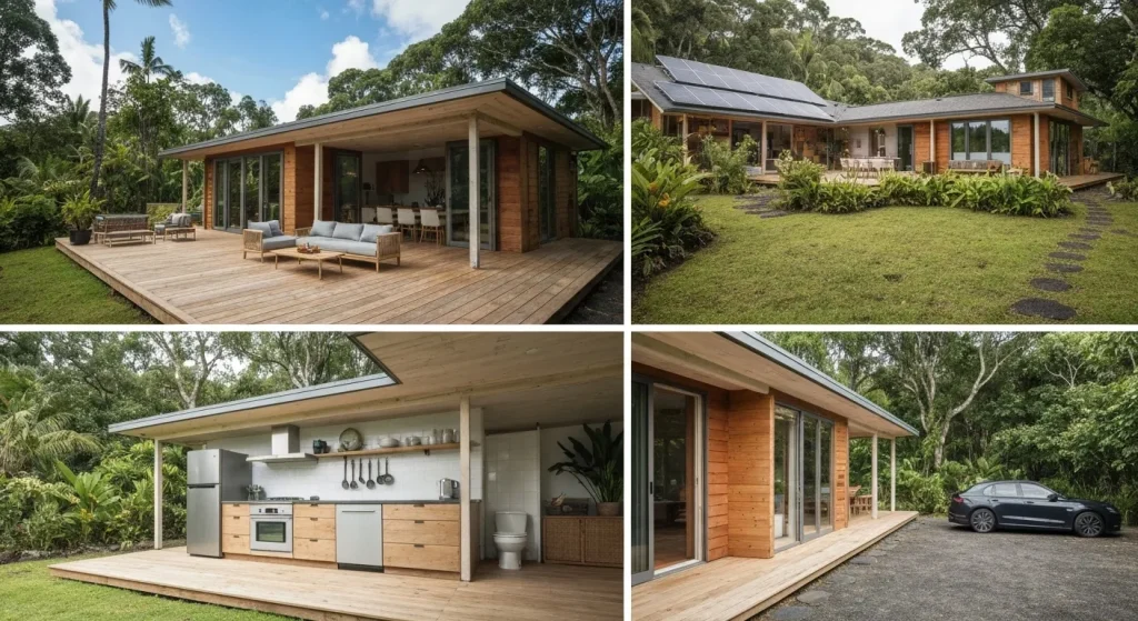 Cabană modernă off-grid în Maui, cu terasă, panouri solare și vehicul electric.