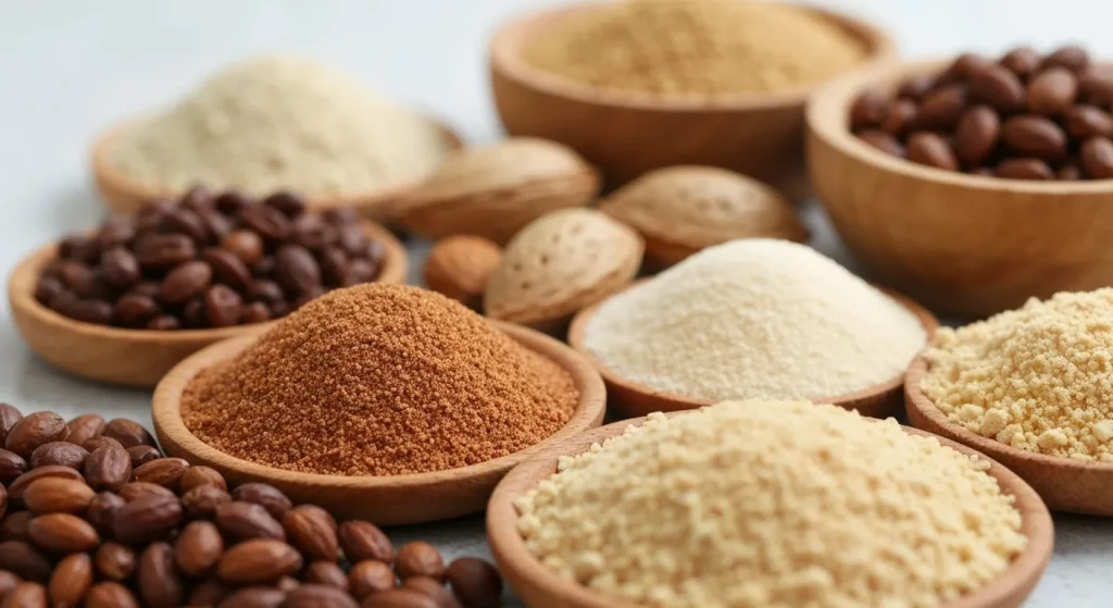 Diverse ingrediente naturale pentru exfoliere, cum ar fi boabe de jojoba și migdale măcinate.