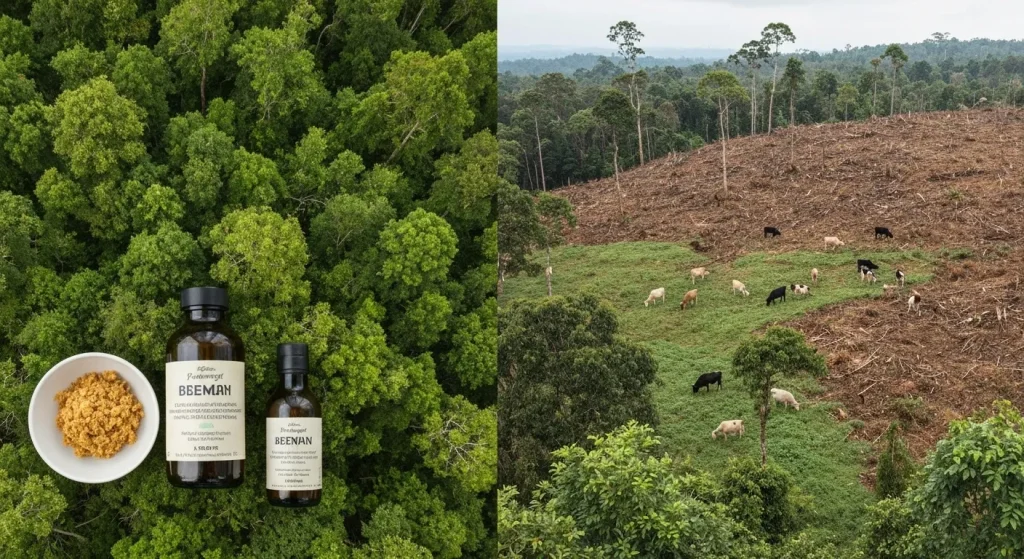 Imagine cu o pădure luxuriantă și o zonă defrișată folosită pentru creșterea animalelor.