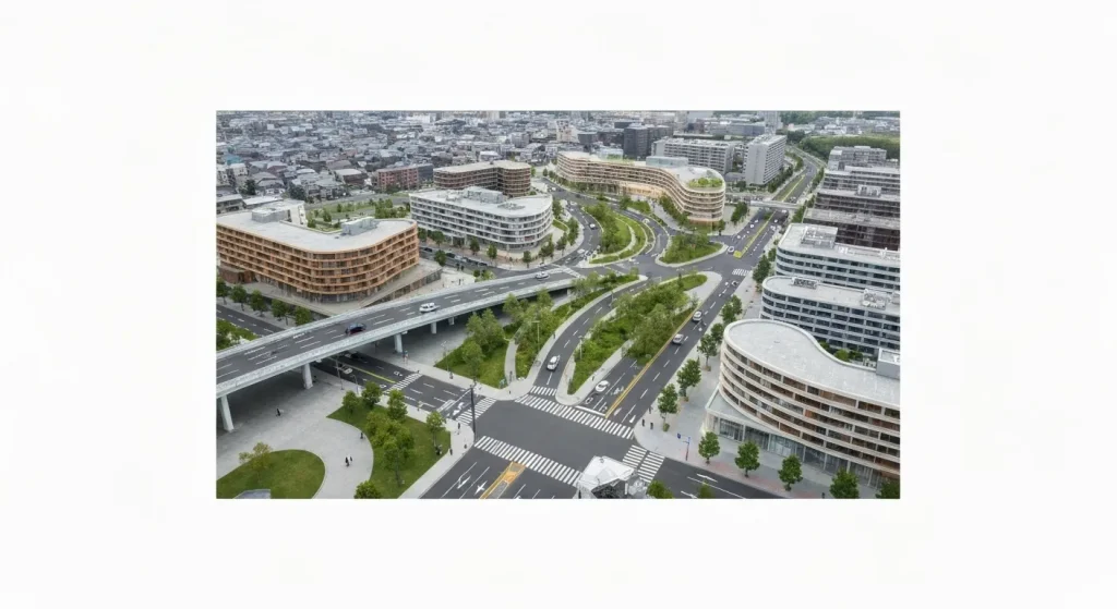 Imagine cu o machetă a orașului Toyota Woven City, arătând arhitectura curbată a clădirilor, străzile separate pentru pietoni, bicicliști și mașini, și un parc liniar.