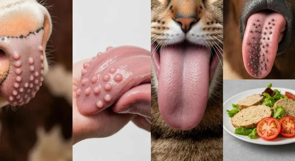 Imagini microscopice ale limbilor de vacă, pisică și pasăre, evidențiind diferențele în numărul de papile gustative.