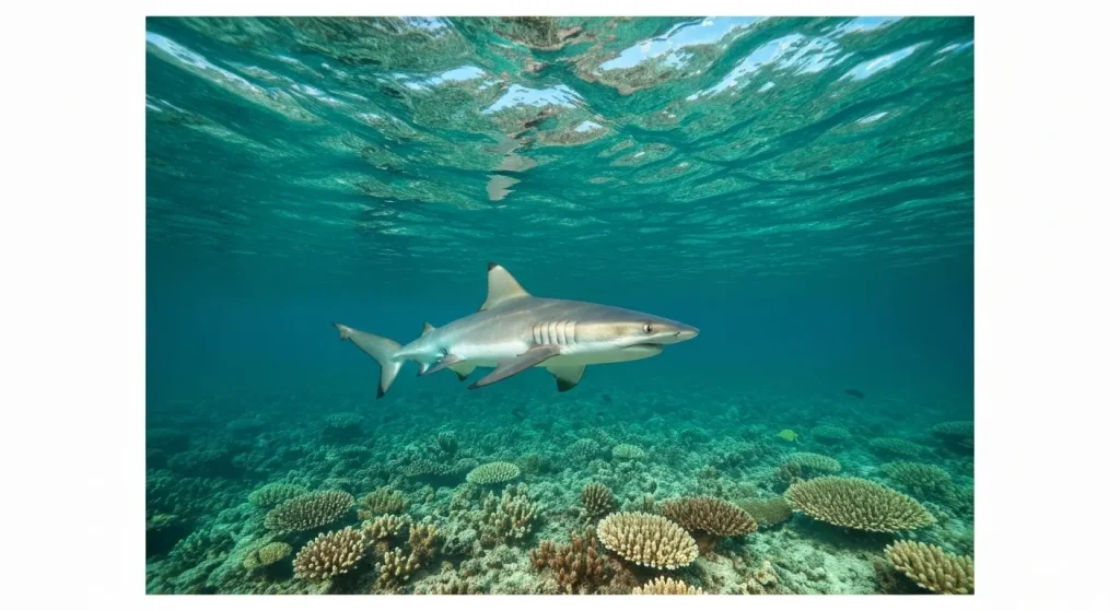 Un rechin înotând în apele cristaline ale Oceanului Pacific.