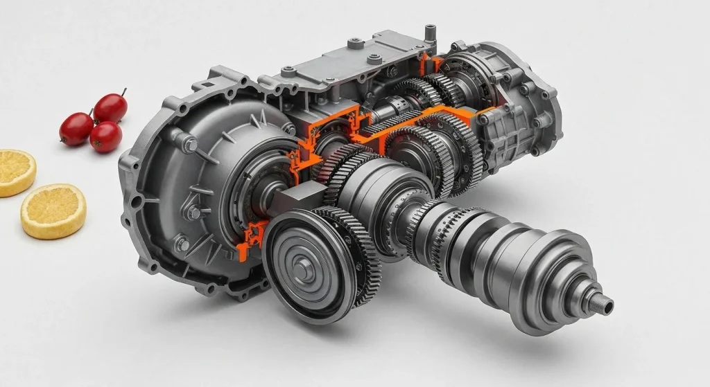 Imagine a secțiune transversală a unei cutii de viteze hibride, evidențiind motoarele electrice, angrenajele planetare și motorul cu ardere internă.