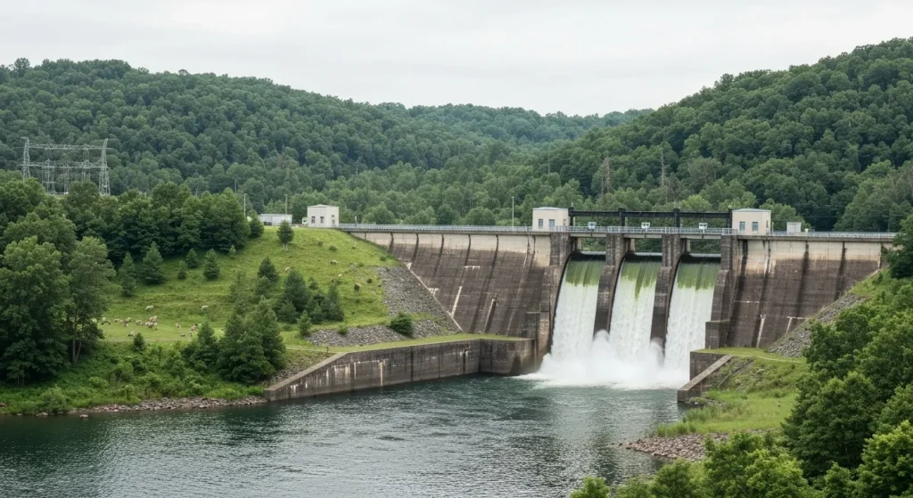Baraj hidroelectric parțial scufundat în apă, cu vegetație luxuriantă în fundal.