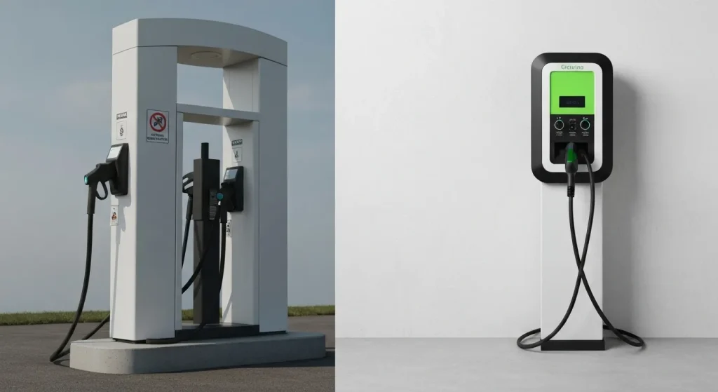 O stație de alimentare cu hidrogen pentru automobile, alături de o stație de încărcare pentru vehicule electrice.