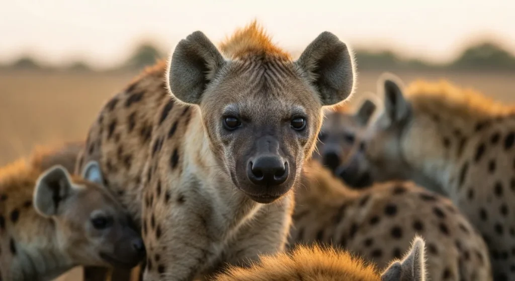 O imagine apropiată a unei hienă pătată, înconjurată de alte hienă, la răsărit într-o savană africană.