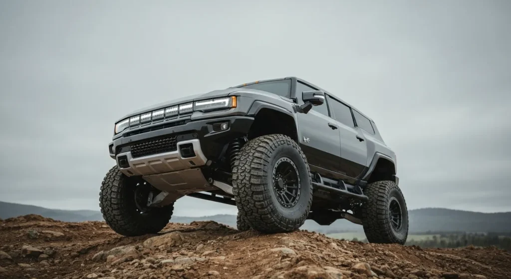 Un Hummer electric, ridicat în modul de extracție, cu anvelope mari, parcurs pe un teren accidentat.