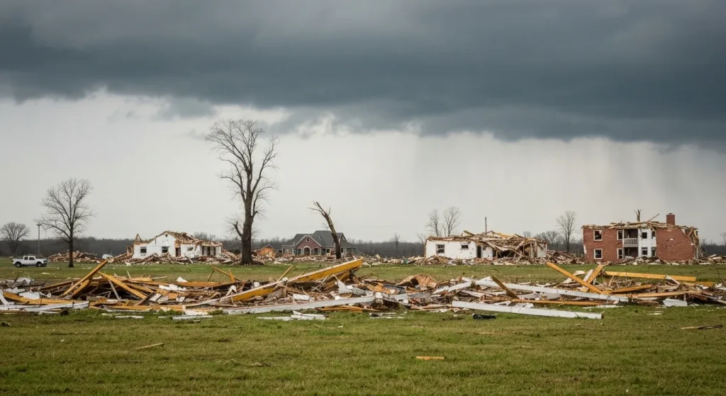Imagini ale distrugerilor provocate de tornade în orașe din Alabama, inclusiv clădiri distruse și resturi.