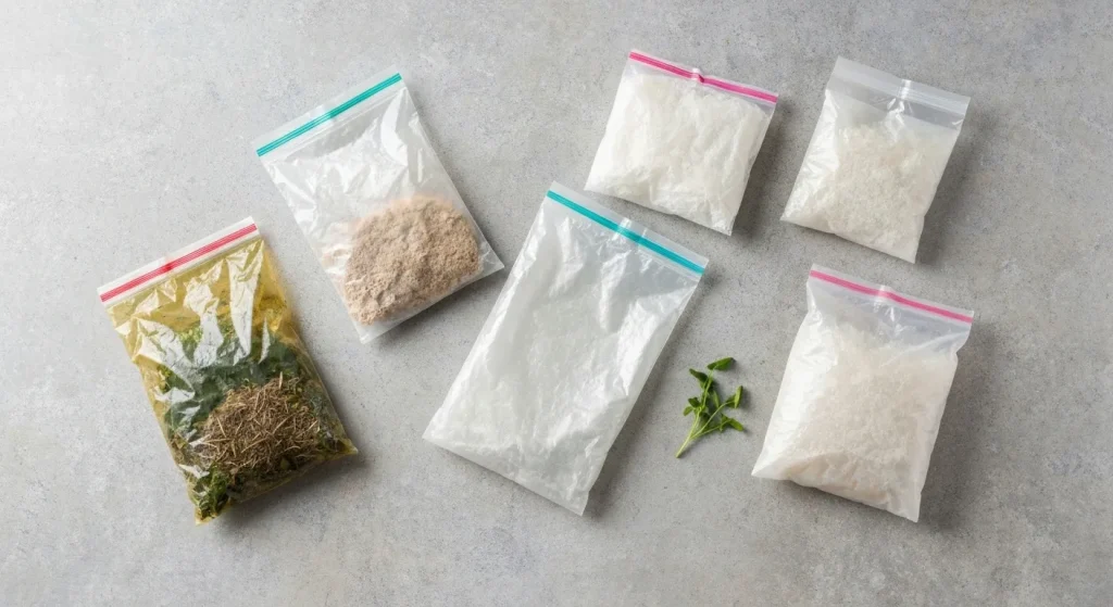 Cinci pungi de plastic, etichetate ca biodegradabile sau compostabile, după trei ani de expunere la aer, îngropare în pământ și submersie în apă.