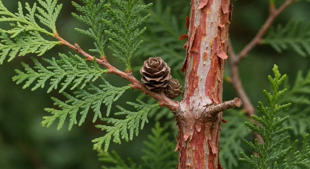Diferite tipuri de arbori de cedru, arătând frunze solzoase, scoarță roșiatică exfoliantă și conuri mici.