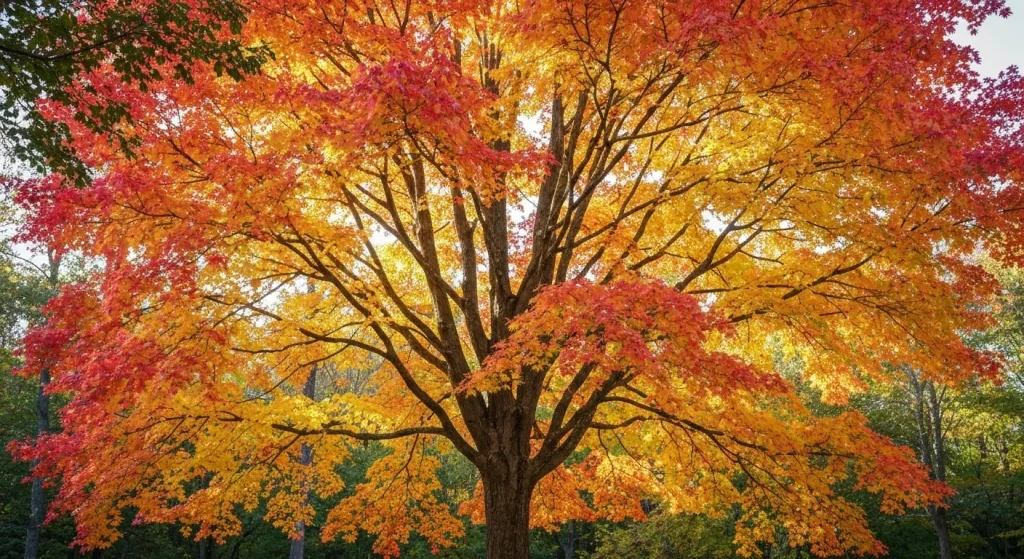 Un arbore de arțar cu frunze colorate de toamnă, în diferite nuanțe de roșu, portocaliu și galben.
