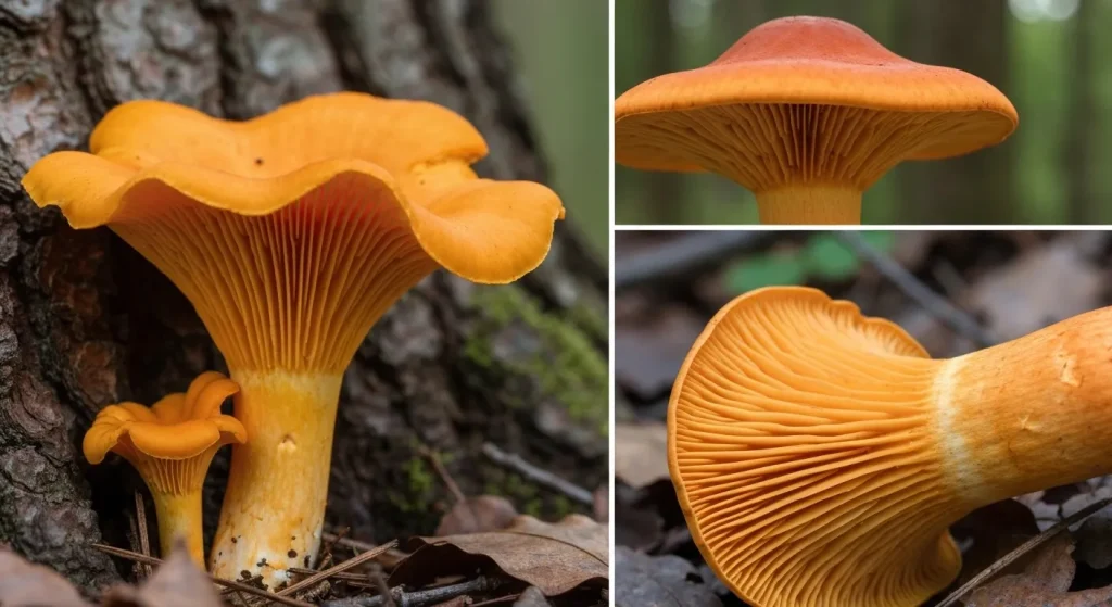Comparatie vizuala intre o chanterelle comestibila si o ciuperca Jack-o'-lantern otravitoare, evidentiind diferentele in structura si culoare.