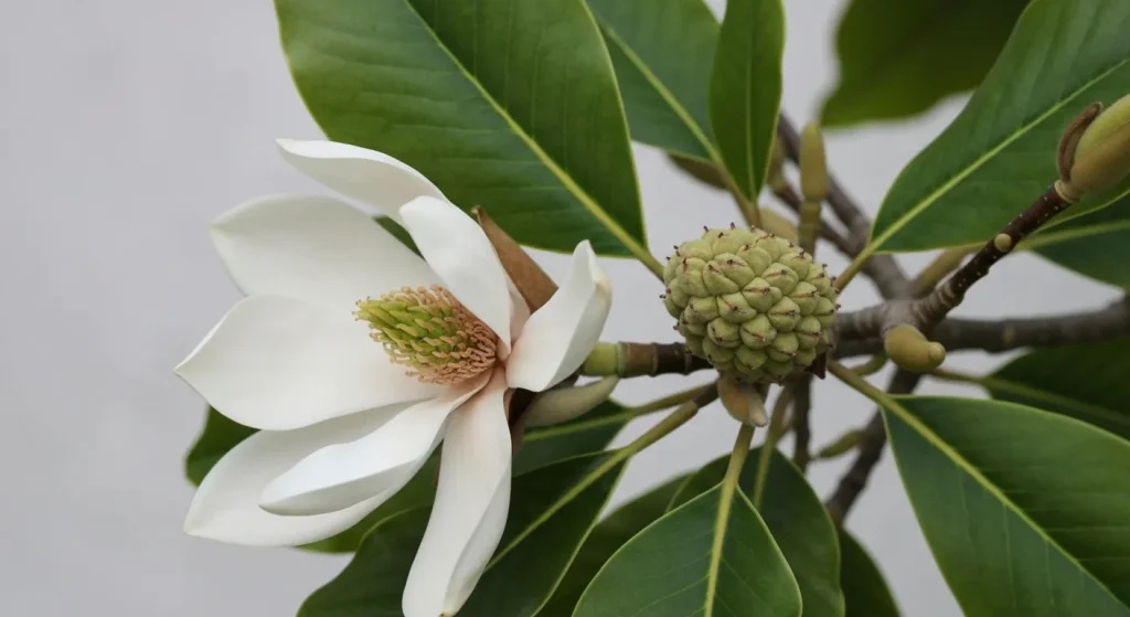 O floare mare, parfumată de magnolie, cu o păstaie de semințe asemănătoare unui con în fundal, și frunze mari, ondulate.