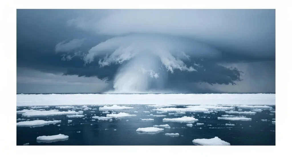 O furtună puternică de iarnă peste Oceanul Arctic, cu vânturi puternice și un strat subțire de gheață marină.