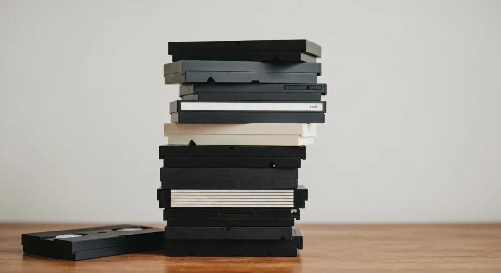 Un teanc de casete VHS vechi, diverse, pregătite pentru reciclare sau donație.