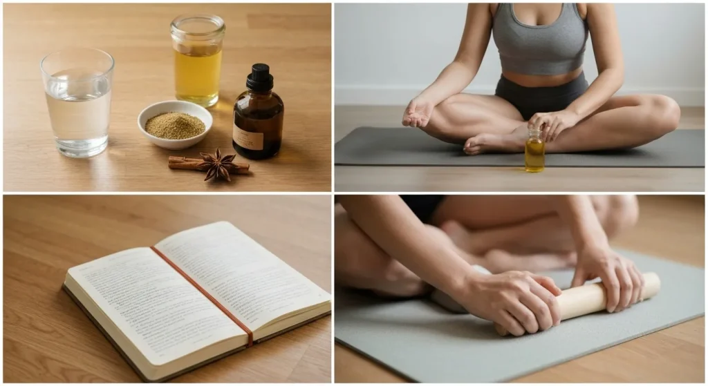 O persoană meditează dimineața pe o saltea de yoga, având un caiet și creioane pe lângă ea.