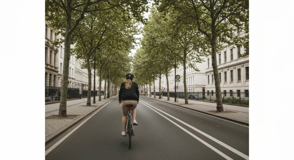 O persoană merge cu bicicleta pe o stradă liniștită, cu clădiri verzi în fundal.