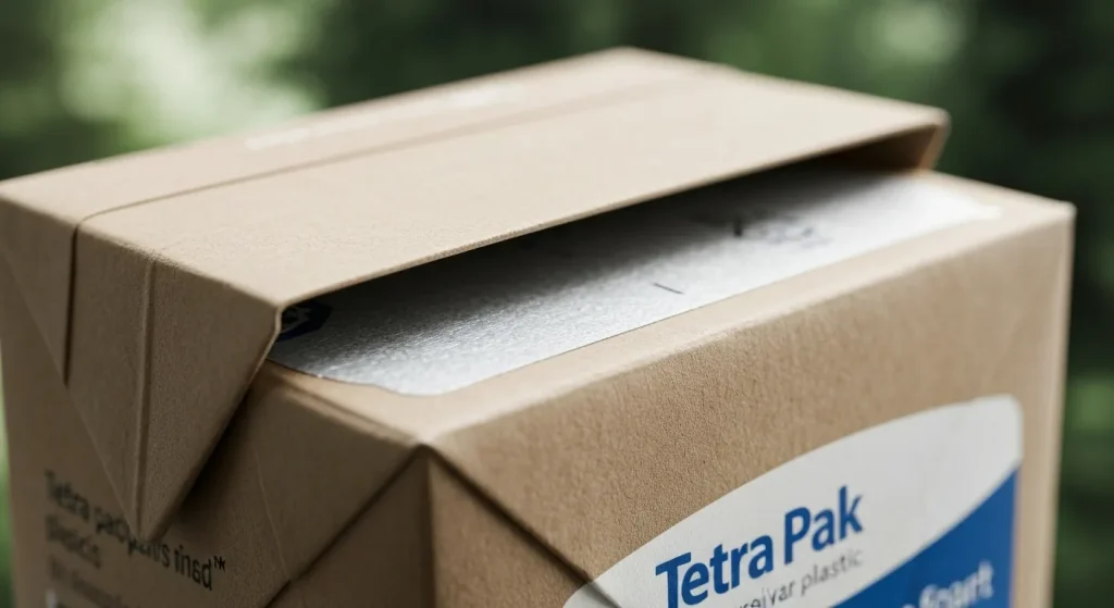 Detaliu apropiat al unui ambalaj Tetra Pak, arătând straturile de carton, plastic și aluminiu.