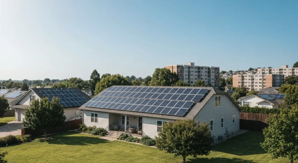 O casă cu acoperiș mare acoperit cu panouri solare, situată într-o zonă suburbană cu puțini copaci, contrastând cu un bloc de apartamente din apropiere.