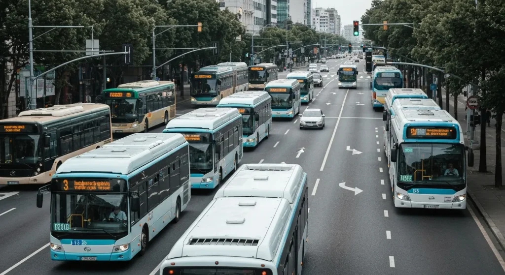 Multe autobuze electrice moderne circulă pe o stradă aglomerată a orașului, alături de câteva autobuze diesel mai vechi.