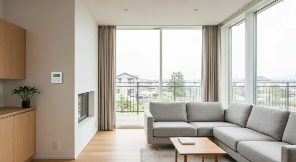 Interior minimalist cu ferestre mari, termostat inteligent discret și o atmosferă luminoasă și aerisită.