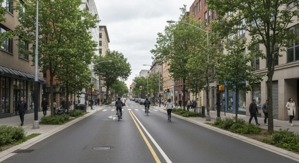O stradă îngustată, cu pietoni și bicicliști, cu puține mașini.