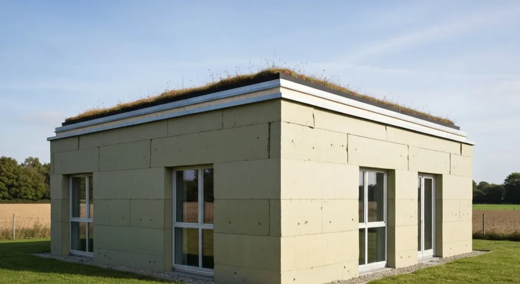 O casă pasivă cubică simplă, cu pereți groși de izolație, un acoperiș verde și ferestre cu geam triplă, după 25 de ani de utilizare.
