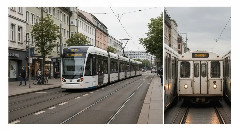Un tramvai modern circulă pe o stradă cu clădiri rezidențiale și comerciale de-a lungul liniei.