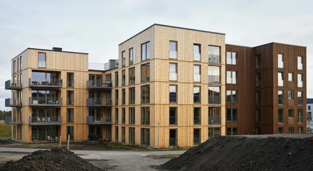 O fabrică modernă din Suedia produce module prefabricate din lemn pentru construcția de apartamente și clădiri rezidențiale, cu un nivel înalt de automatizare.