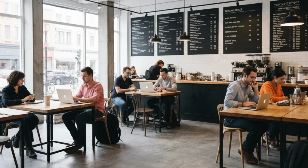 Diverse persoane lucrează la laptopuri în interiorul unei cafenele, cu cești de cafea pe mese.