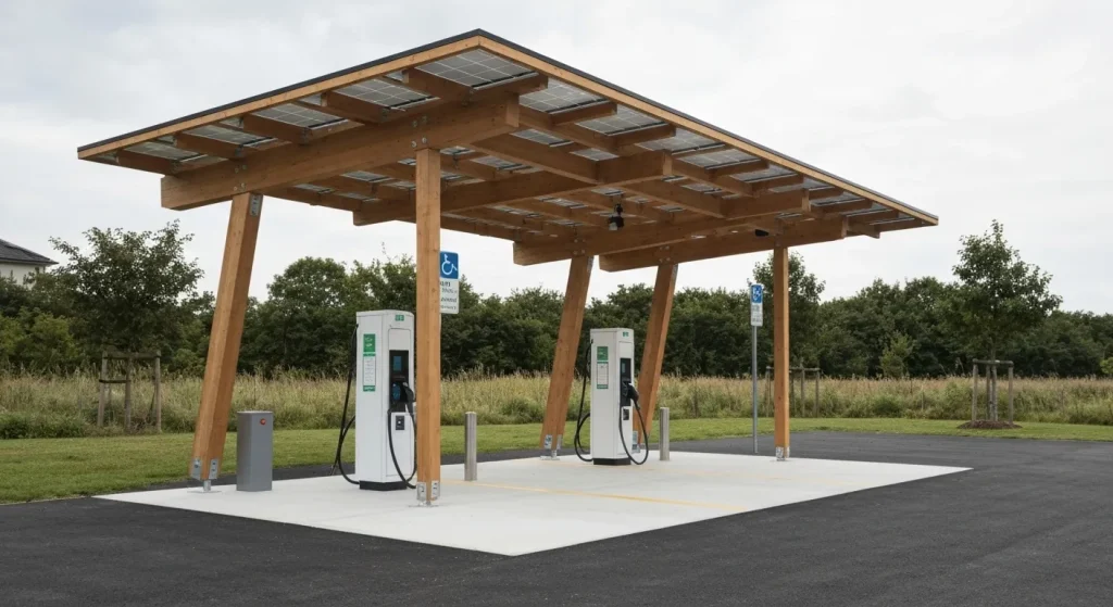Stație de încărcare pentru vehicule electrice cu structură din lemn și acoperiș fotovoltaice.
