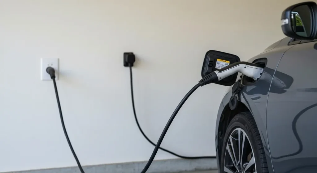 O mașină electrică este conectată la o priză de perete într-un garaj.