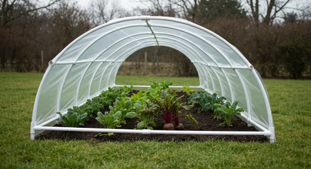 Un tunel jos din plastic peste o parcelă de grădină cu plante verzi.