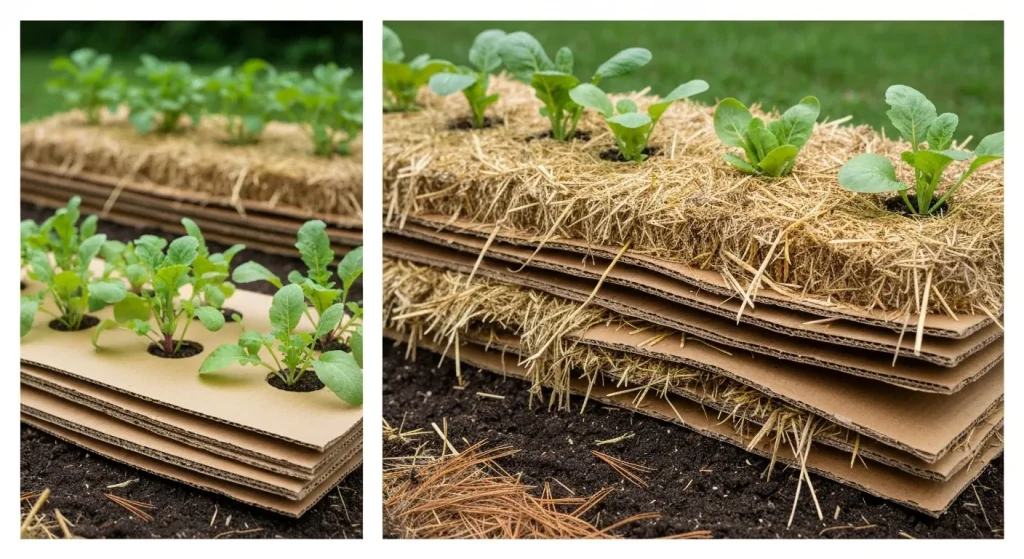 Un strat de carton, paie, compost și pământ în care sunt plantate legume, fără săpatul solului.