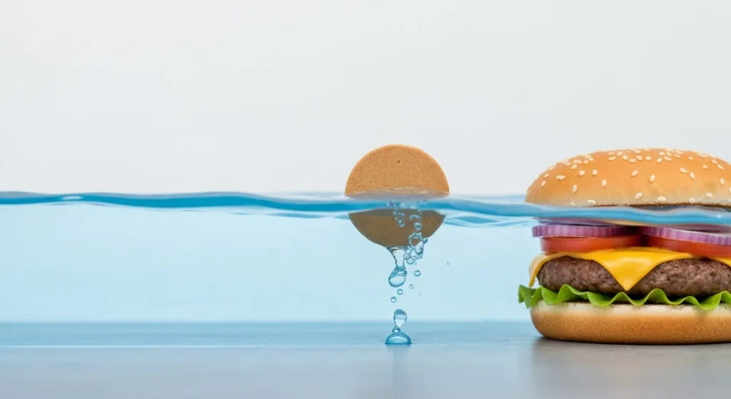 O fotografie care prezintă o comparație vizuală între cantitatea de apă necesară pentru producerea unui produs alimentar și dimensiunea produsului în sine.