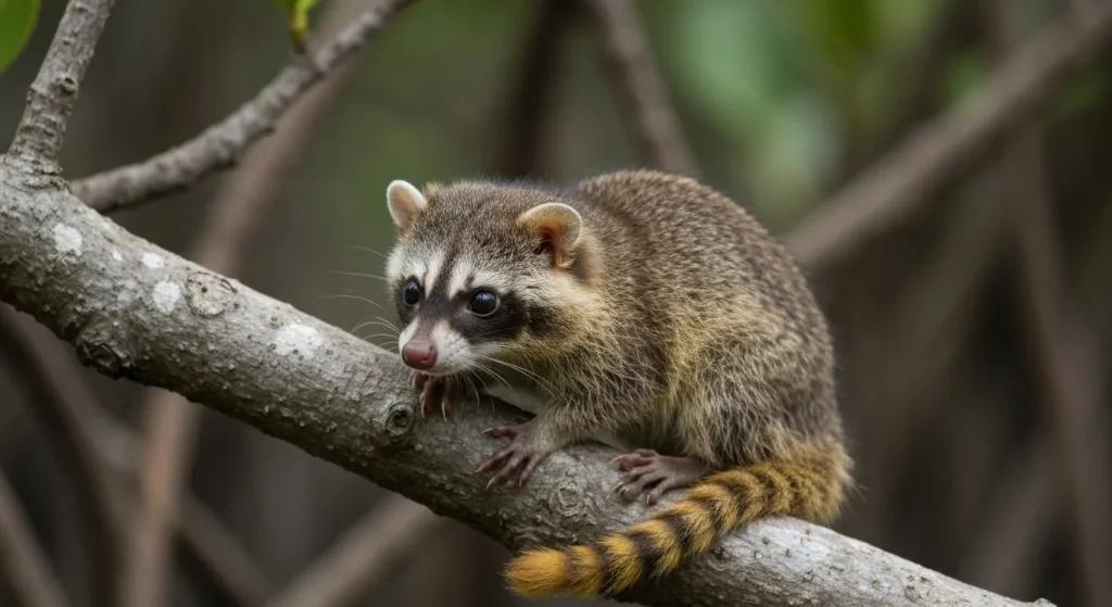 Un raton pitic de Cozumel, mic și cu blana maro-închis, stă pe o creangă de copac în habitatul său natural.
