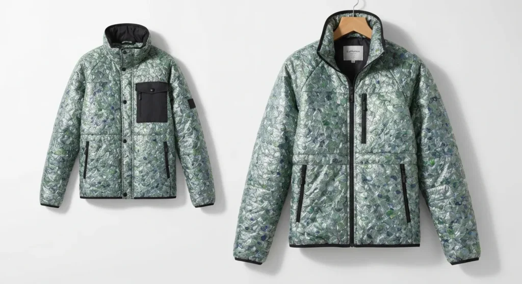 Jachete, parcuri și pulovere din colecția ReNew de la Everlane, fabricate din sticle de apă reciclate.