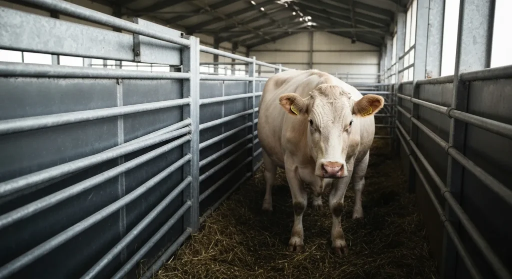 O imagine a unui animal de fermă într-un spațiu îngust și nesănătos, prezentând semne de suferință sau neglijență.