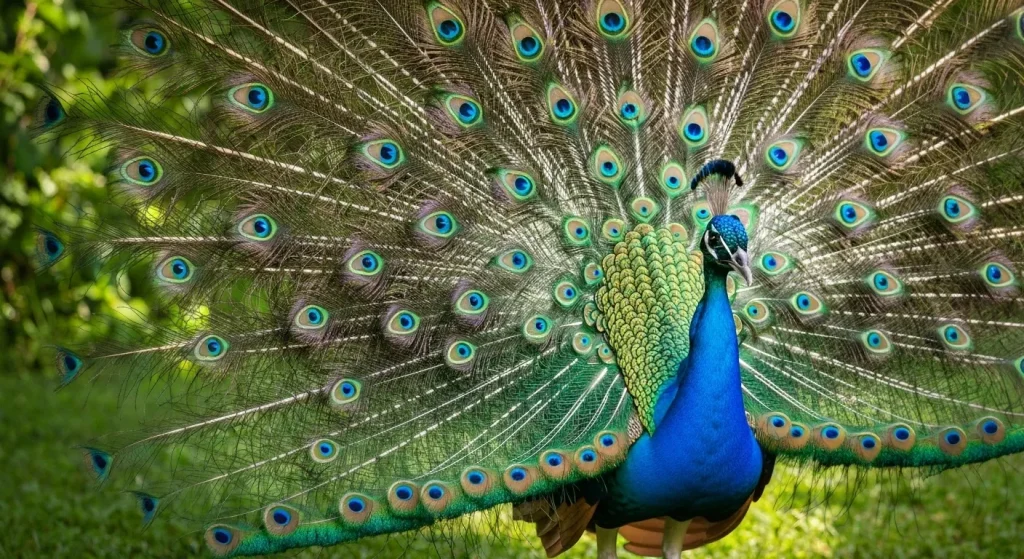 Un păun indian mascul cu coada complet despletită, afișând penele sale iridescente albastru-verzui, într-un peisaj verde.