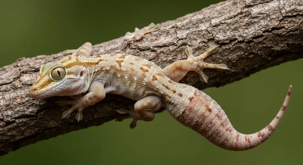 Un gecko cu coadă groasă, agățat de o ramură, își schimbă culoarea pielii pentru camuflaj.
