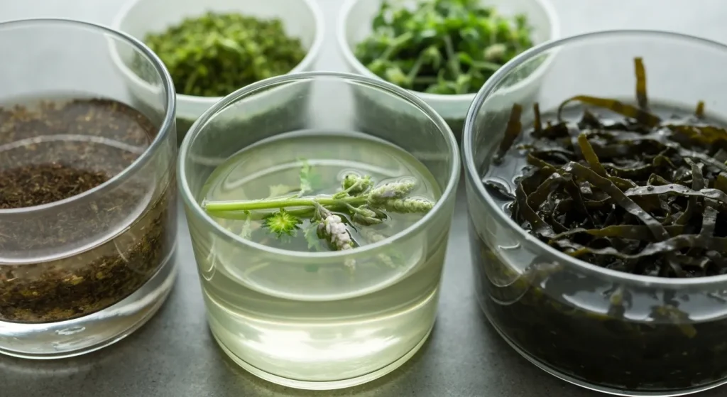 Un recipient cu ceai de compost, plante de tătăneasă și alge marine, toate utilizate pentru prepararea de îngrășăminte lichide organice.