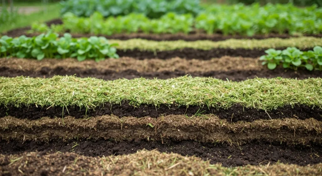O grămadă de compost acasă, cu frunze, iarbă tivită și alte resturi vegetale.