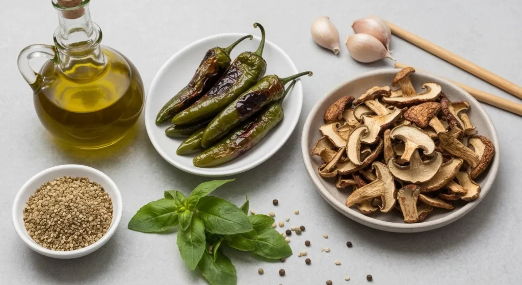 O fotografie cu diverse ingrediente vegane: pastă de miso, ciuperci uscate, jalapeños copți, ulei de măsline, drojdie nutritivă, boia afumată, sirop de arțar, alge uscate, coajă de citrice și sare de mare.