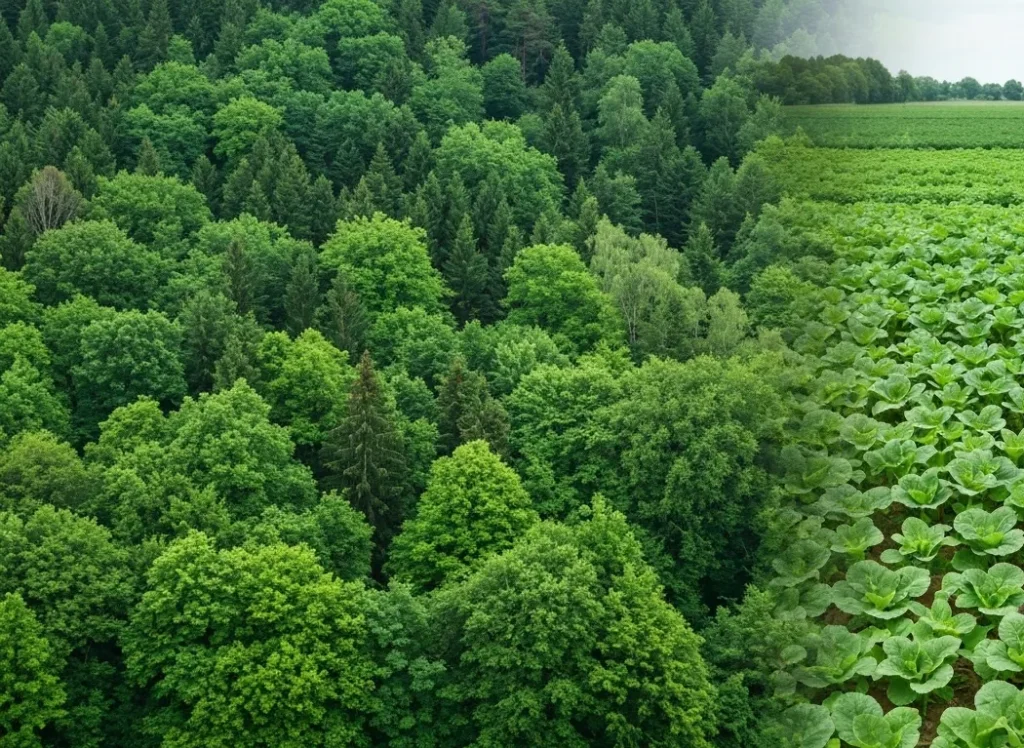 O imagine care prezintă o comparație între o pădure luxuriantă și un câmp cultivat, cu produse alimentare pe bază de plante în prim-plan.